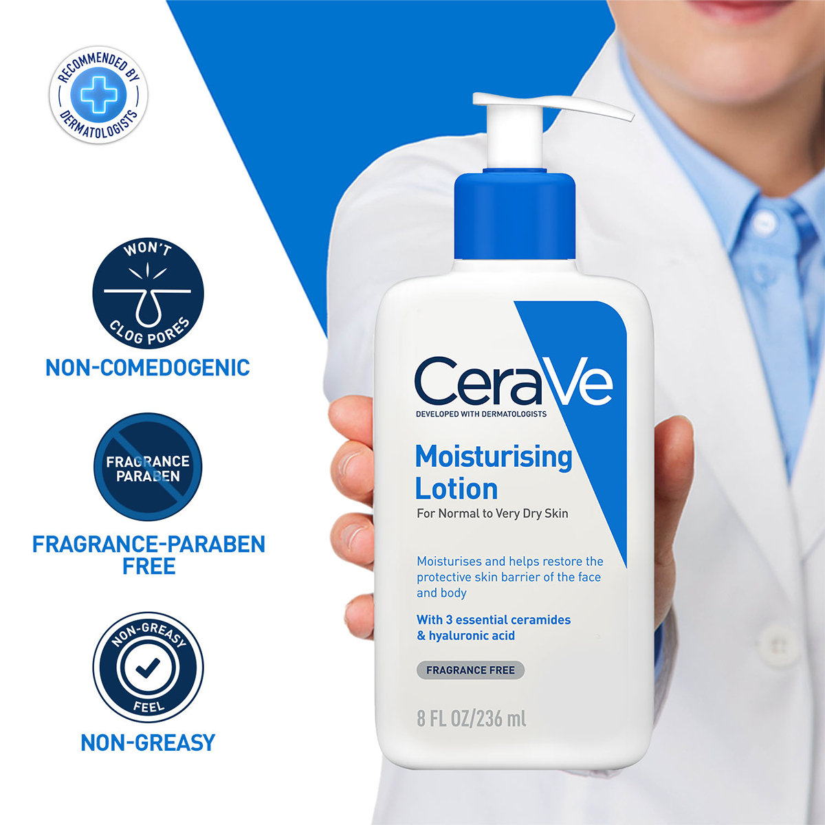 CeraVe Moisturising Lotion 236 ml | Ceramides & Hyaluronic Acid | Provides Long Lasting Hydration | Non Greasy | For Dry to Very Dry Skin, Pack of 1 CeraVe Moisturising Lotion 236 ml | Ceramides & Hyaluronic Acid | Provides Long Lasting Hydration | Non Greasy | For Dry to Very Dry Skin, Pack of 1