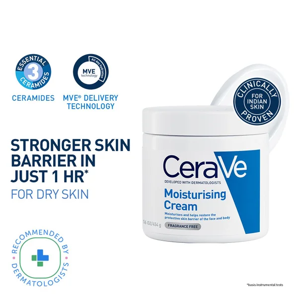 CeraVe Moisturising Cream 454 gm | Ceramides &amp; Hyaluronic Acid | Provides Long Lasting Hydration | Non Greasy | For Dry to Very Dry Skin, Pack of 1