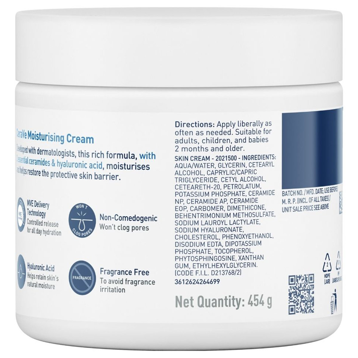 CeraVe Moisturising Cream 454 gm | Ceramides & Hyaluronic Acid | Provides Long Lasting Hydration | Non Greasy | For Dry to Very Dry Skin, Pack of 1 CeraVe Moisturising Cream 454 gm | Ceramides & Hyaluronic Acid | Provides Long Lasting Hydration | Non Greasy | For Dry to Very Dry Skin, Pack of 1