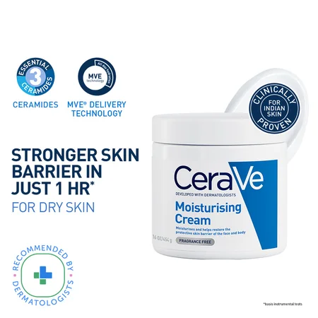 CeraVe Moisturising Cream 454 gm | Ceramides & Hyaluronic Acid | Provides Long Lasting Hydration | Non Greasy | For Dry to Very Dry Skin