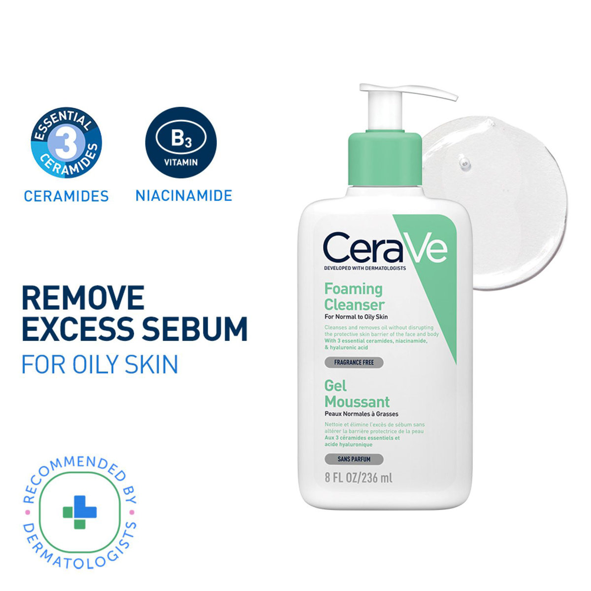CeraVe Foaming Cleanser 236 ml | Ceramides, Niacinamides, Hyaluronic Acid | Gently Cleanses | Controls Oil | For Normal to Oily Skin CeraVe Foaming Cleanser 236 ml | Ceramides, Niacinamides, Hyaluronic Acid | Gently Cleanses | Controls Oil | For Normal to Oily Skin