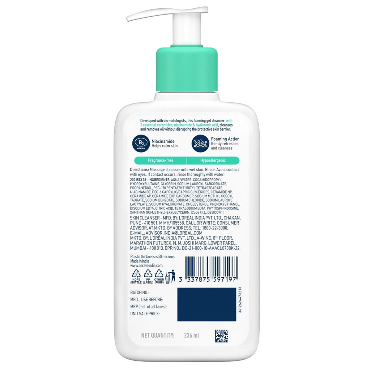 CeraVe Foaming Cleanser 236 ml | Ceramides, Niacinamides, Hyaluronic Acid | Gently Cleanses | Controls Oil | For Normal to Oily Skin, Pack of 1 CeraVe Foaming Cleanser 236 ml | Ceramides, Niacinamides, Hyaluronic Acid | Gently Cleanses | Controls Oil | For Normal to Oily Skin, Pack of 1