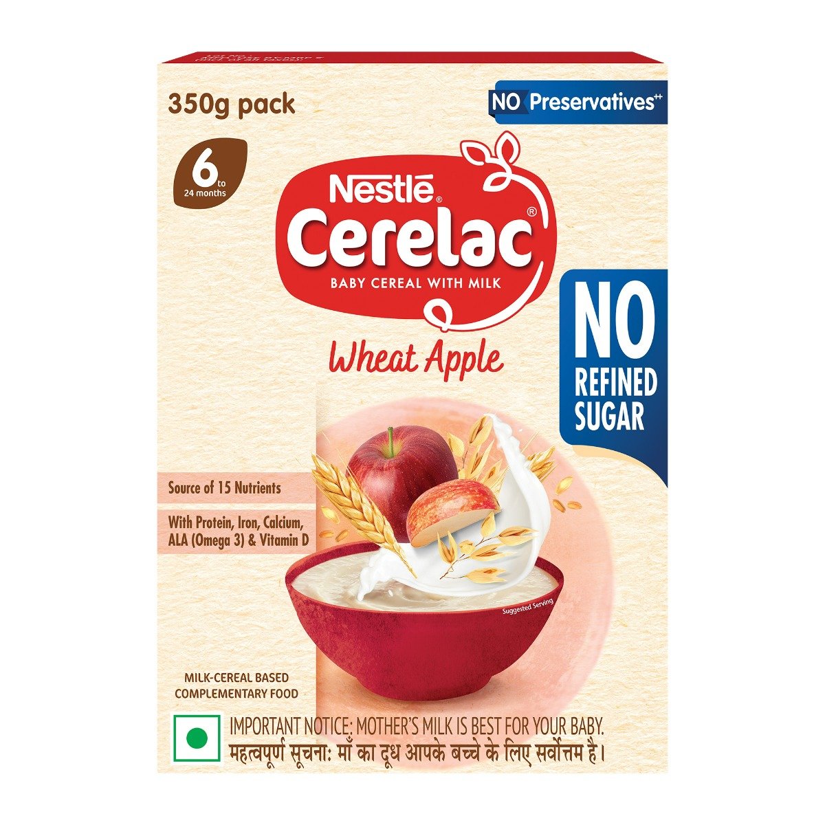 CERELAC Baby Food Cereal | No Refined Sugar | Wheat Apple for 6 to 24 Months Baby | Omega 3 Iron Protein Calcium Vitamin D for Babies | Instant Baby Food Cereal | 350 gm, Pack of 1 CERELAC Baby Food Cereal | No Refined Sugar | Wheat Apple for 6 to 24 Months Baby | Omega 3 Iron Protein Calcium Vitamin D for Babies | Instant Baby Food Cereal | 350 gm, Pack of 1