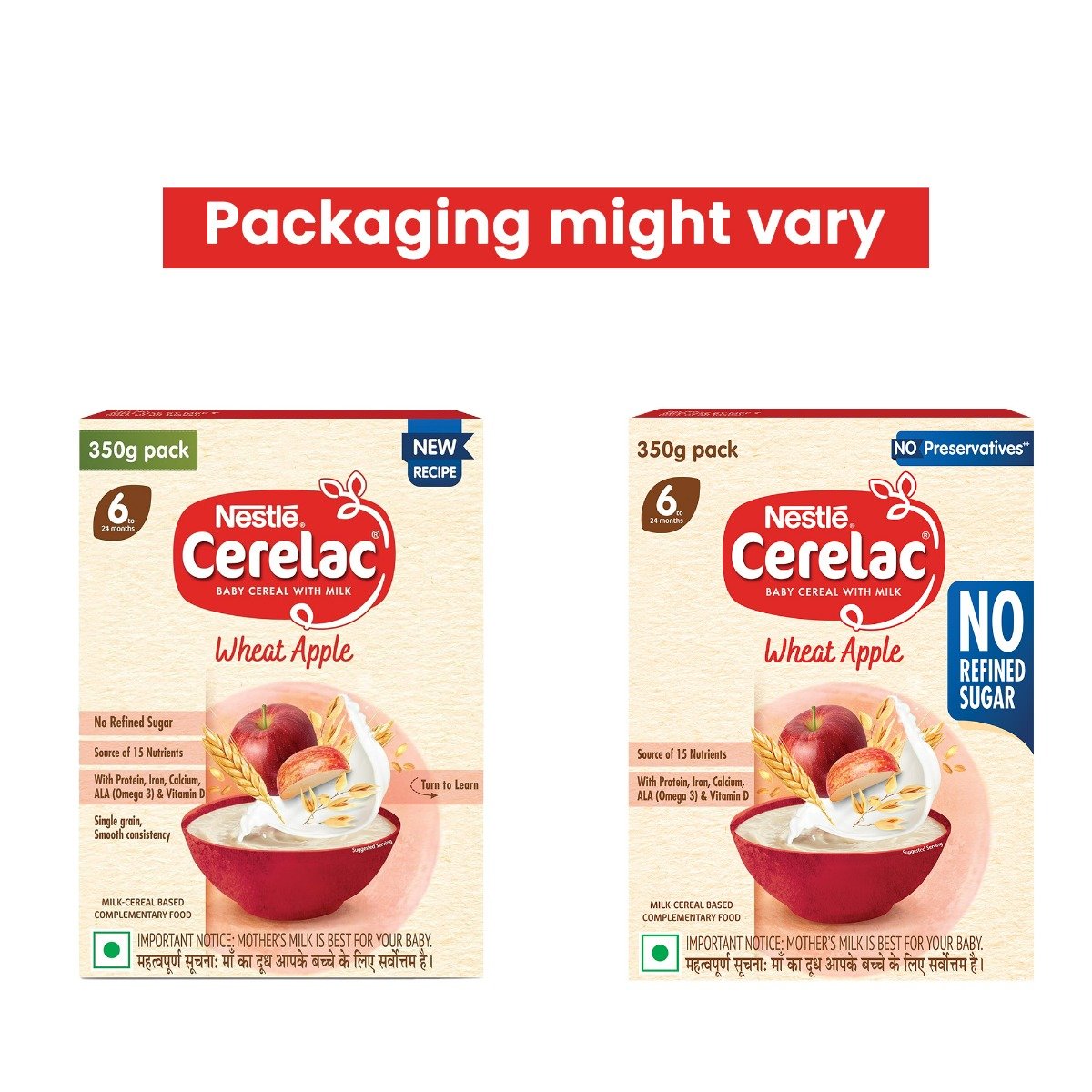 CERELAC Baby Food Cereal | No Refined Sugar | Wheat Apple for 6 to 24 Months Baby | Omega 3 Iron Protein Calcium Vitamin D for Babies | Instant Baby Food Cereal | 350 gm, Pack of 1 CERELAC Baby Food Cereal | No Refined Sugar | Wheat Apple for 6 to 24 Months Baby | Omega 3 Iron Protein Calcium Vitamin D for Babies | Instant Baby Food Cereal | 350 gm, Pack of 1