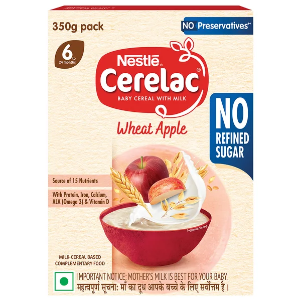 CERELAC Baby Food Cereal | No Refined Sugar | Wheat Apple for 6 to 24 Months Baby | Omega 3 Iron Protein Calcium Vitamin D for Babies | Instant Baby Food Cereal | 350 gm