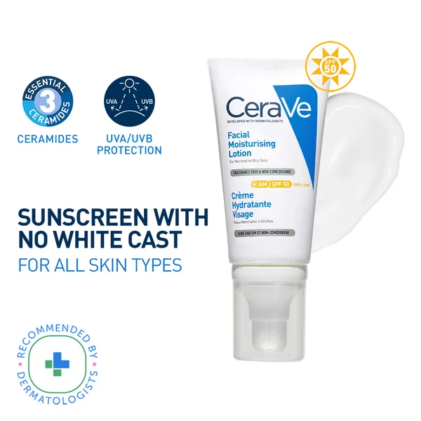 CeraVe AM SPF 50 Facial Moisturising Lotion for Normal to Dry Skin, 52 ml, Pack of 1