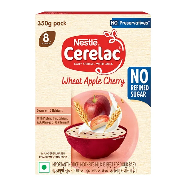CERELAC Baby Food Cereal | No Refined Sugar | Wheat Apple Cherry for 8 to 24 Months Baby | Omega 3 Iron Protein Calcium Vitamin D for Babies | Instant Baby Food Cereal | 350 gm, Pack of 1
