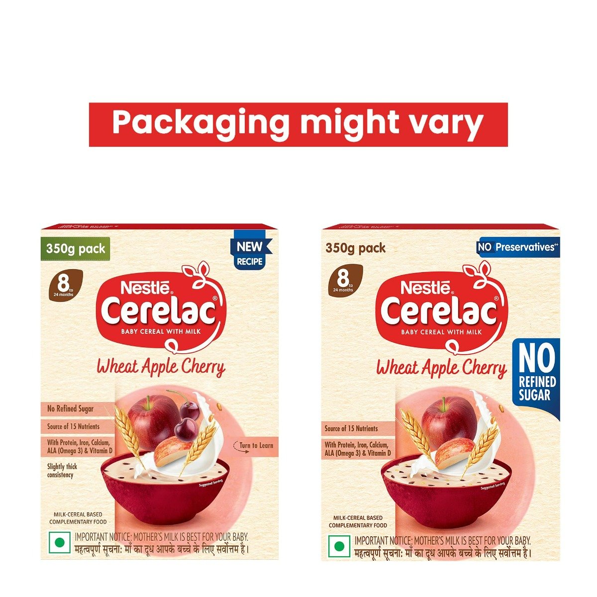 CERELAC Baby Food Cereal | No Refined Sugar | Wheat Apple Cherry for 8 to 24 Months Baby | Omega 3 Iron Protein Calcium Vitamin D for Babies | Instant Baby Food Cereal | 350 gm, Pack of 1 CERELAC Baby Food Cereal | No Refined Sugar | Wheat Apple Cherry for 8 to 24 Months Baby | Omega 3 Iron Protein Calcium Vitamin D for Babies | Instant Baby Food Cereal | 350 gm, Pack of 1