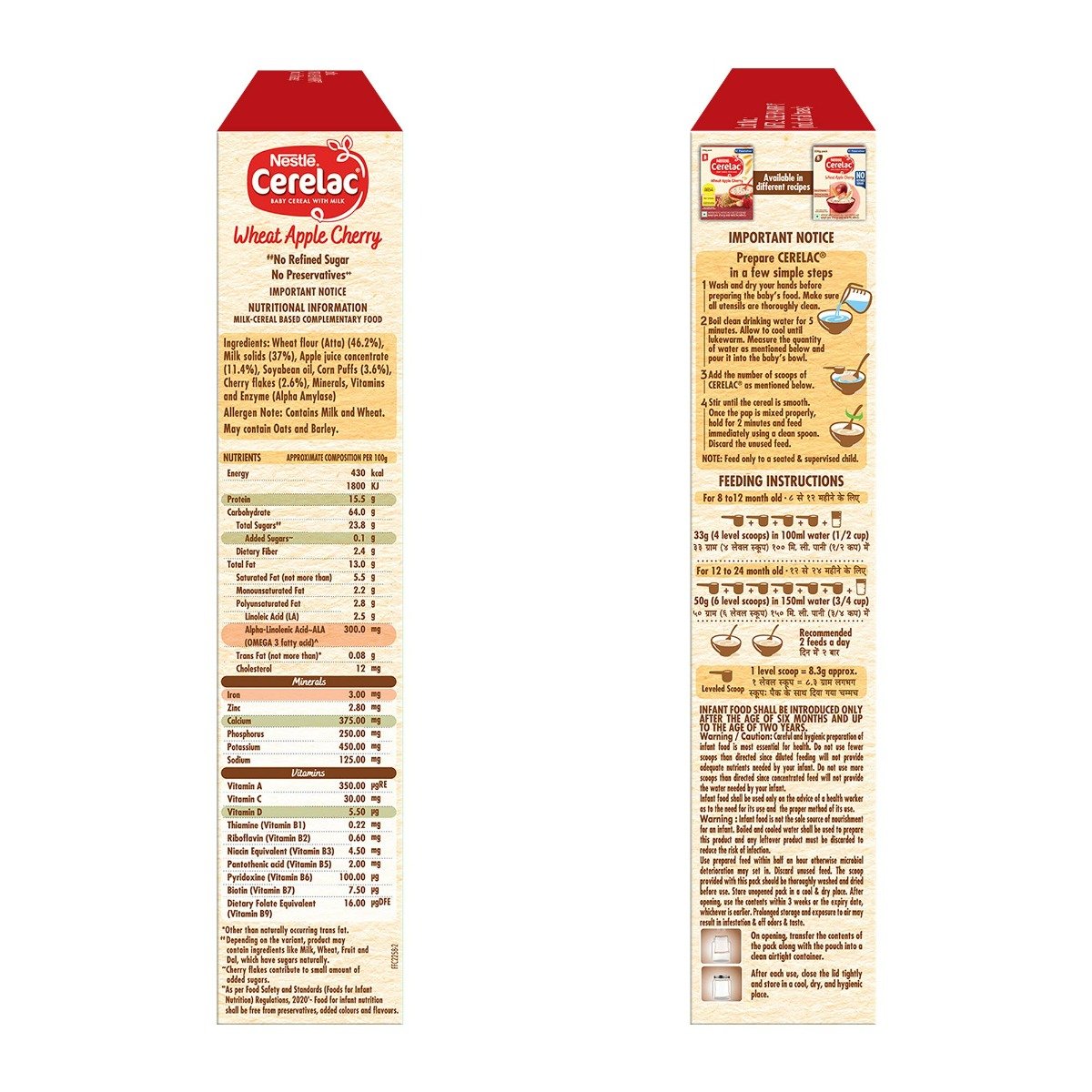 CERELAC Baby Food Cereal | No Refined Sugar | Wheat Apple Cherry for 8 to 24 Months Baby | Omega 3 Iron Protein Calcium Vitamin D for Babies | Instant Baby Food Cereal | 350 gm, Pack of 1 CERELAC Baby Food Cereal | No Refined Sugar | Wheat Apple Cherry for 8 to 24 Months Baby | Omega 3 Iron Protein Calcium Vitamin D for Babies | Instant Baby Food Cereal | 350 gm, Pack of 1