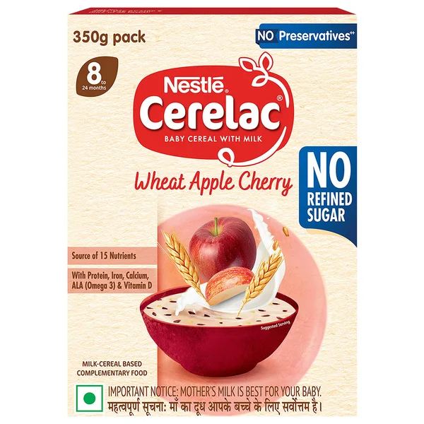 CERELAC Baby Food Cereal | No Refined Sugar | Wheat Apple Cherry for 8 to 24 Months Baby | Omega 3 Iron Protein Calcium Vitamin D for Babies | Instant Baby Food Cereal | 350 gm