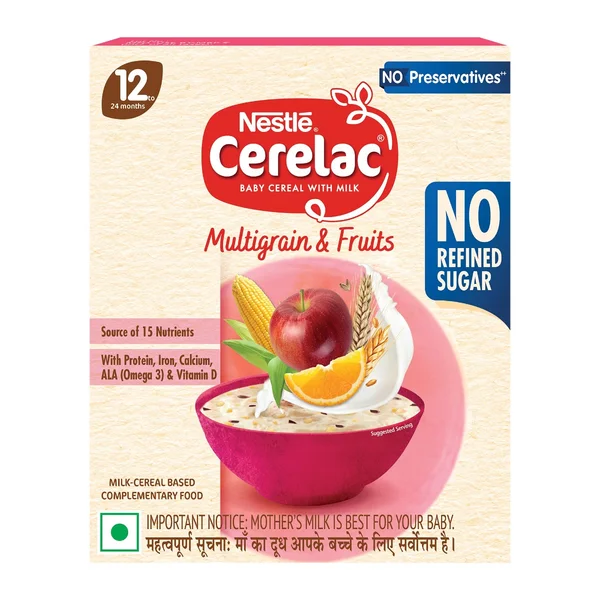 CERELAC Baby Food Cereal | No Refined Sugar | Multigrain &amp; Fruits for 12 to 24 Months Baby | Omega 3 Iron Protein Calcium Vitamin D for Babies | Instant Baby Food Cereal | 300 gm, Pack of 1