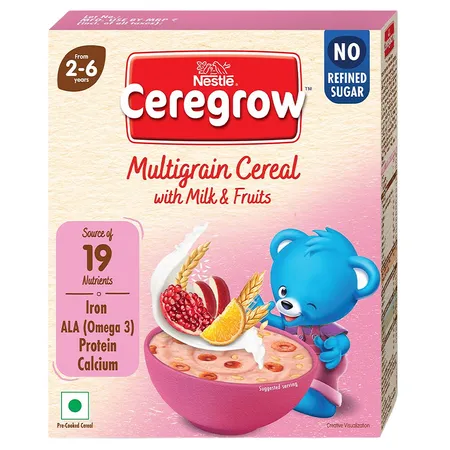Nestle CEREGROW Multigrain Cereal with NO Refined Sugar, 300g, Bag-in-Box Pack | With Milk & Fruits | with Iron, Omega 3, Protein, Calcium | 19 Nutrients