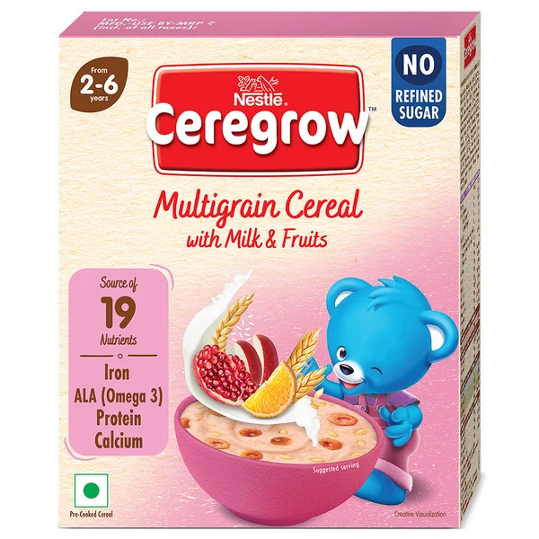 Nestle CEREGROW Multigrain Cereal with NO Refined Sugar, 300g, Bag-in-Box Pack | With Milk &amp; Fruits | with Iron, Omega 3, Protein, Calcium | 19 Nutrients, Pack of 1
