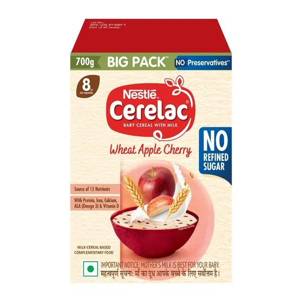 CERELAC Baby Food Cereal | No Refined Sugar | Wheat Apple Cherry for 8 to 24 Months Baby | Source of Iron &amp; Protein | Instant Baby Food Cereal | 700 gm (2x350 gm), Pack of 1