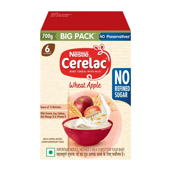 CERELAC Baby Food Cereal | No Refined Sugar | Wheat Apple for 6 to 24 Months Baby | Source of Iron & Protein | Instant Baby Food Cereal | 700 gm (2x350 gm)
