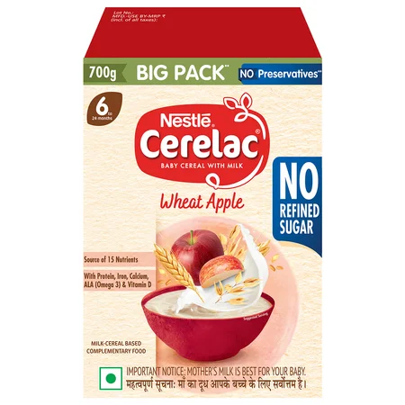 CERELAC Baby Food Cereal | No Refined Sugar | Wheat Apple for 6 to 24 Months Baby | Source of Iron & Protein | Instant Baby Food Cereal | 700 gm (2x350 gm)