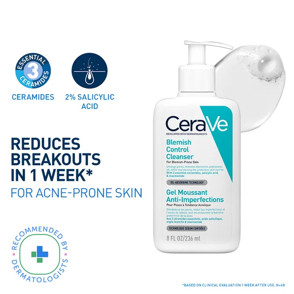 CeraVe Blemish Control Cleanser 236 ml | with 2% Salicylic Acid & Niacinamide for Acne-Prone Skin