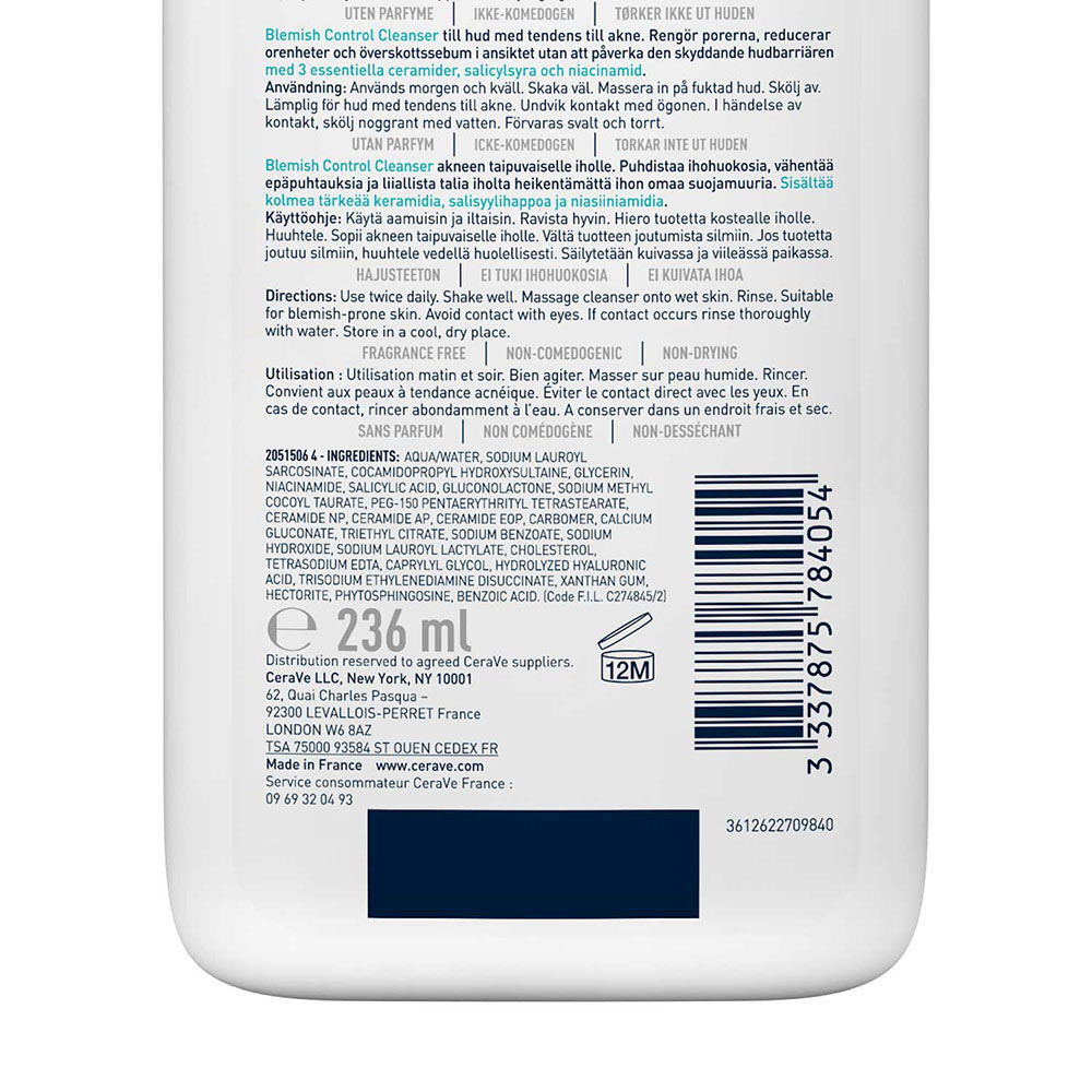 CeraVe Blemish Control Cleanser 236 ml | with 2% Salicylic Acid & Niacinamide for Acne-Prone Skin, Pack of 1 CeraVe Blemish Control Cleanser 236 ml | with 2% Salicylic Acid & Niacinamide for Acne-Prone Skin, Pack of 1