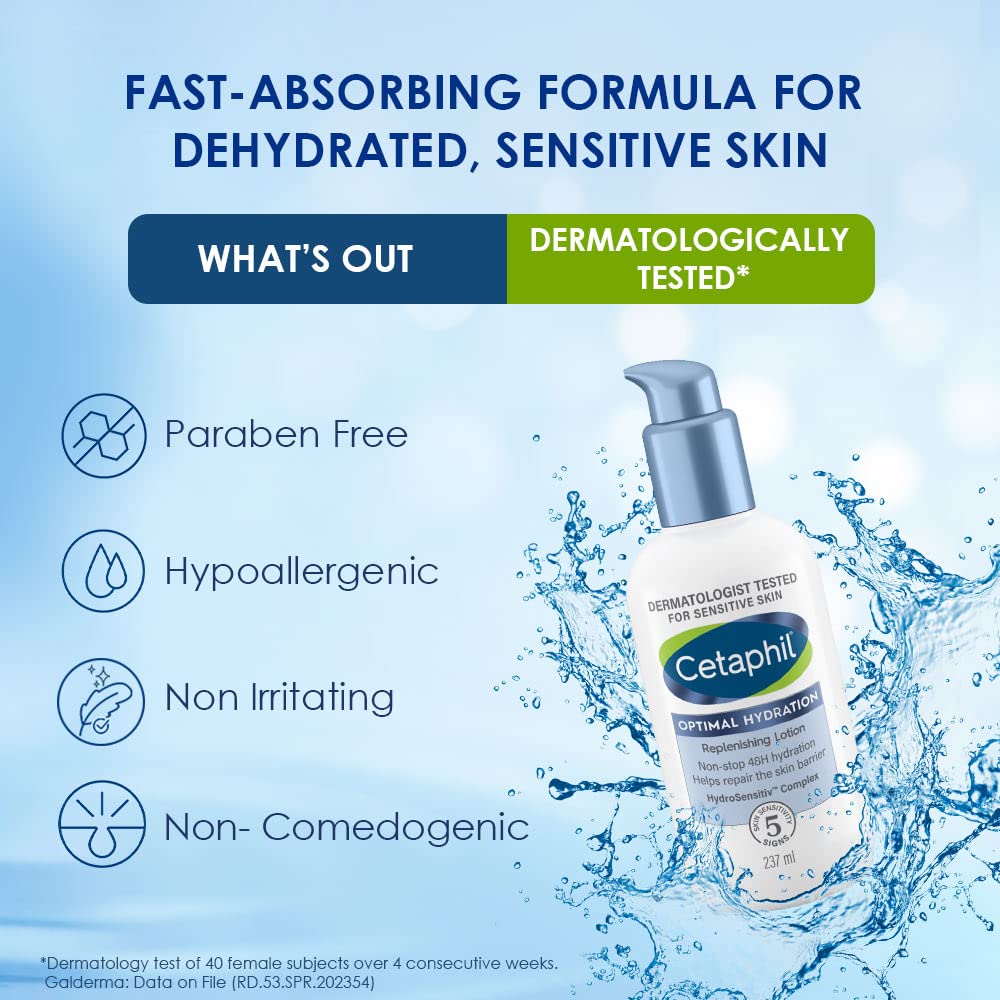 Cetaphil Optimal Hydration Replenishing Lotion 237 ml | Hypersensitive Complex | Reduce Skin Roughness & Dryness | Skin Hydration upto 48 hrs |Non Greasy Formula | For Dehydrated, Sensitive Skin, Pack of 1 Cetaphil Optimal Hydration Replenishing Lotion 237 ml | Hypersensitive Complex | Reduce Skin Roughness & Dryness | Skin Hydration upto 48 hrs |Non Greasy Formula | For Dehydrated, Sensitive Skin, Pack of 1