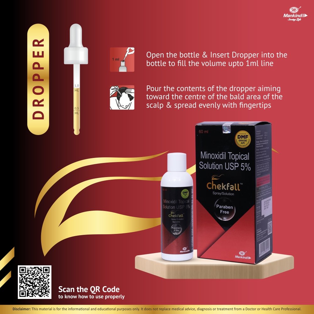 Chekfall 5% Minoxidil Solution 60 ml | Prevents Hair Loss | Alcohol Free, Pack of 1 Solution Chekfall 5% Minoxidil Solution 60 ml | Prevents Hair Loss | Alcohol Free, Pack of 1 Solution
