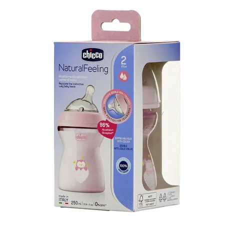 Chicco Natural Feeling Plastic Feeding Bottle for 2M+ Girl, 250 ml