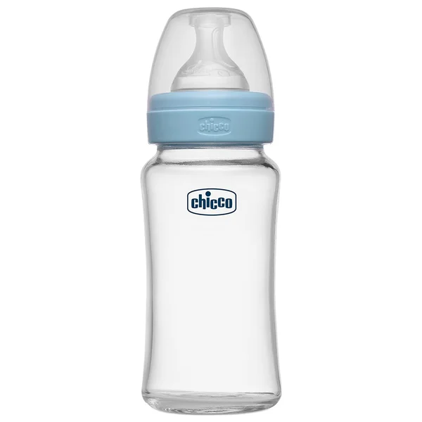 Chicco Well-Being Glass Feeding Bottle for 2M+ Blue, 240 ml, Pack of 1