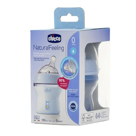 Chicco Natural Feeling Plastic Feeding Bottle for 0M+ Boy, 150 ml
