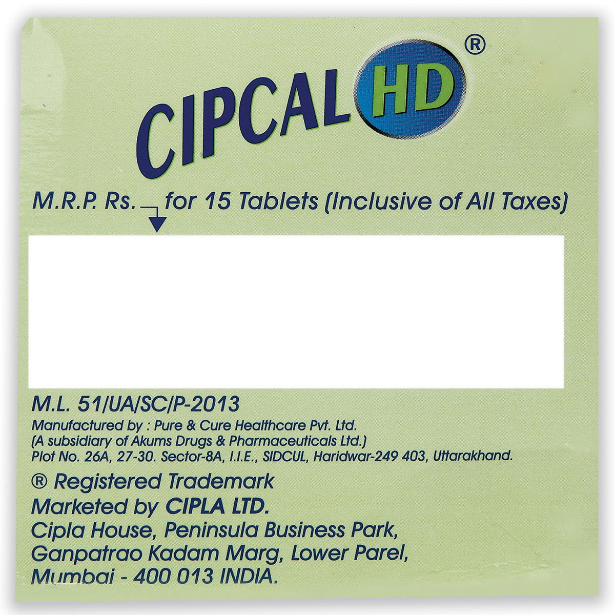 Cipcal HD Tablet 15's, Pack of 15 TABLETS Cipcal HD Tablet 15's, Pack of 15 TABLETS