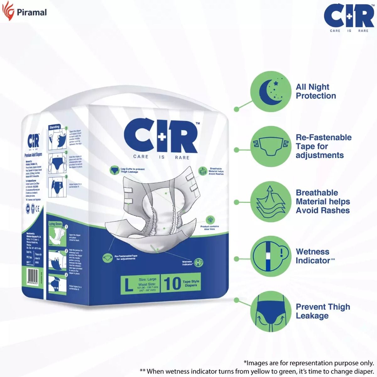 CIR Premium Adult Tape Diapers Large, 10 Count Price, Uses, Side ...