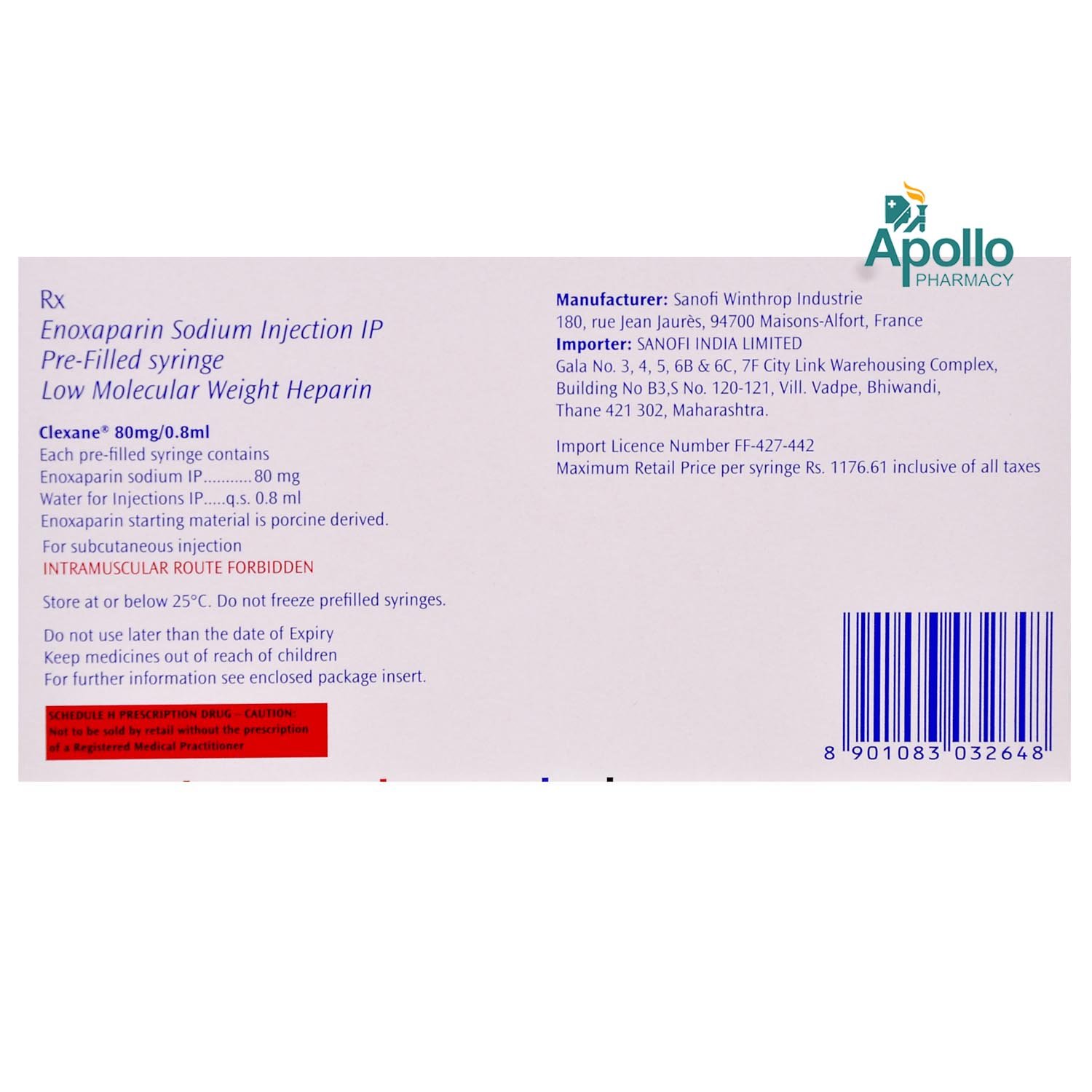 Clexane 80 mg Injection 0.8 ml, Pack of 1 INJECTION Clexane 80 mg Injection 0.8 ml, Pack of 1 INJECTION