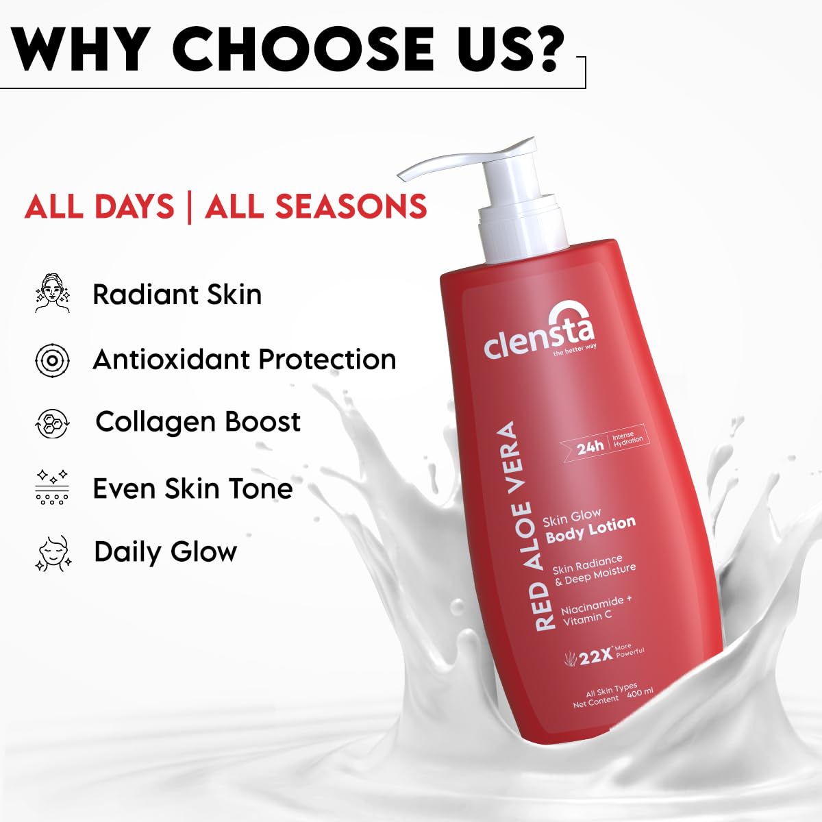 Clensta Red Aloevera Skin Glow Body Lotion, 2x400 ml, Pack of 1 Clensta Red Aloevera Skin Glow Body Lotion, 2x400 ml, Pack of 1