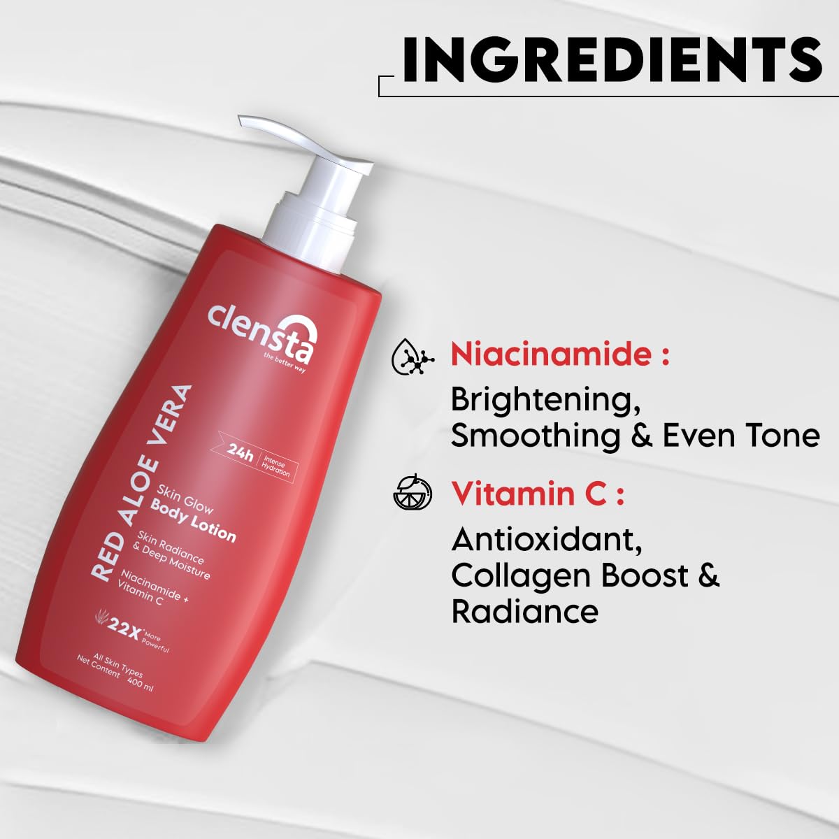 Clensta Red Aloevera Skin Glow Body Lotion, 2x400 ml, Pack of 1 Clensta Red Aloevera Skin Glow Body Lotion, 2x400 ml, Pack of 1