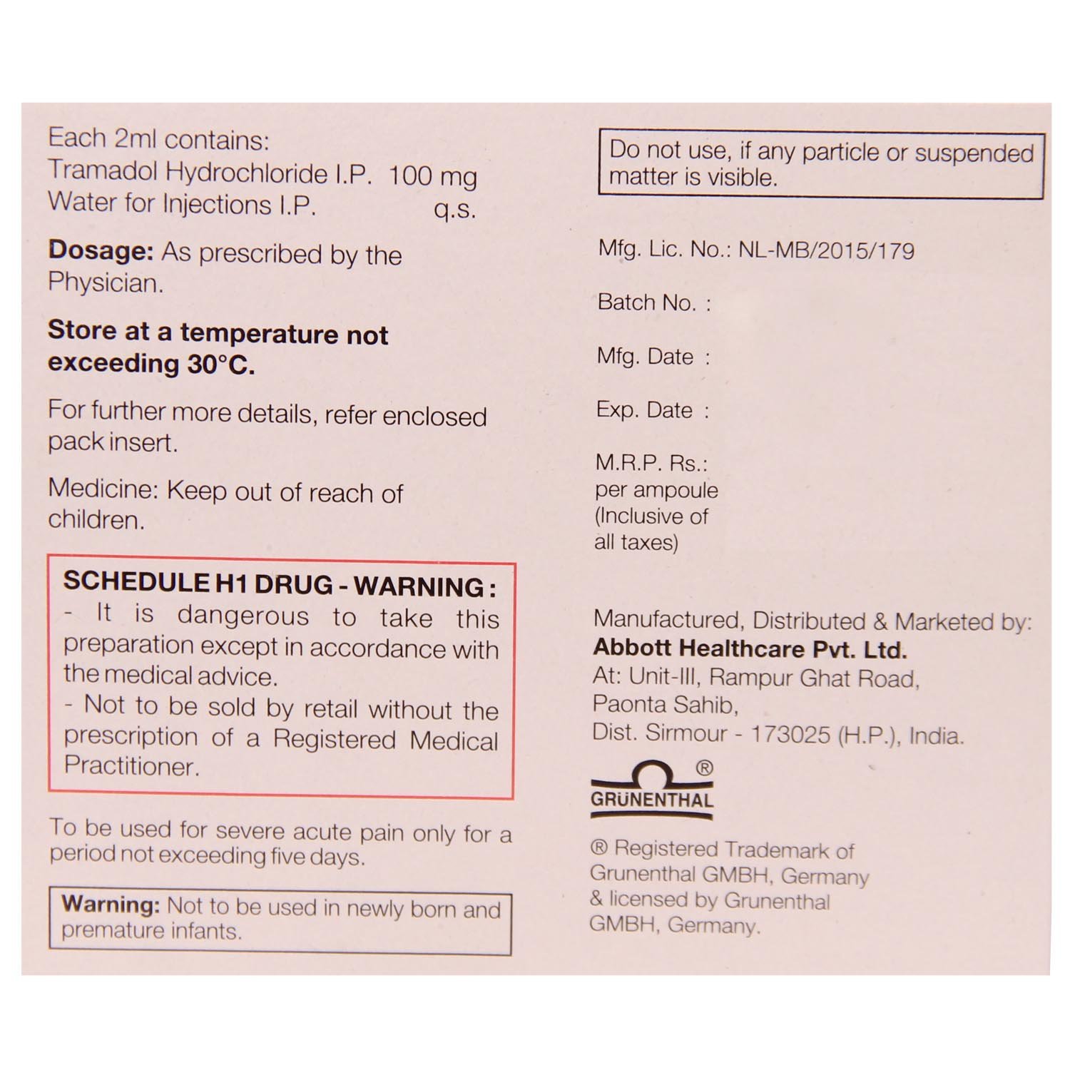 Contramal 100 mg Injection 5 X 2 ml, Pack of 5 InjectionS Contramal 100 mg Injection 5 X 2 ml, Pack of 5 InjectionS
