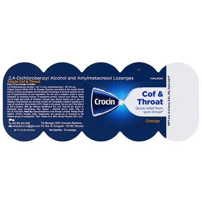 Crocin Cof &amp; Throat Orange Lozenges, 10 Count, Pack of 10