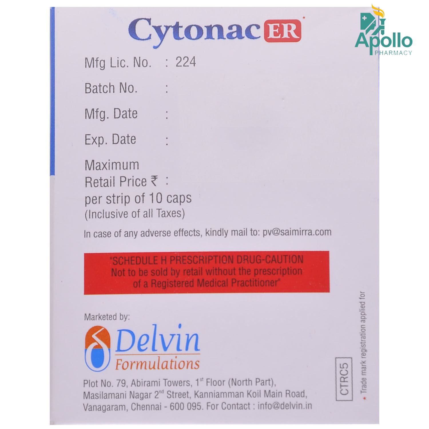 Cytonac ER Capsule 10's Price, Uses, Side Effects, Composition - Apollo ...