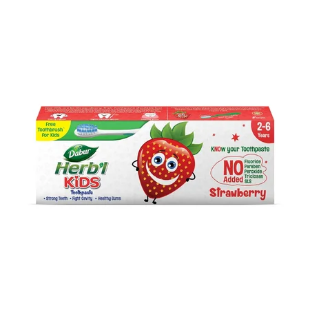Dabur Herb'l Kids Strawberry Flavour Toothpaste for 2-6 Years, 80 gm