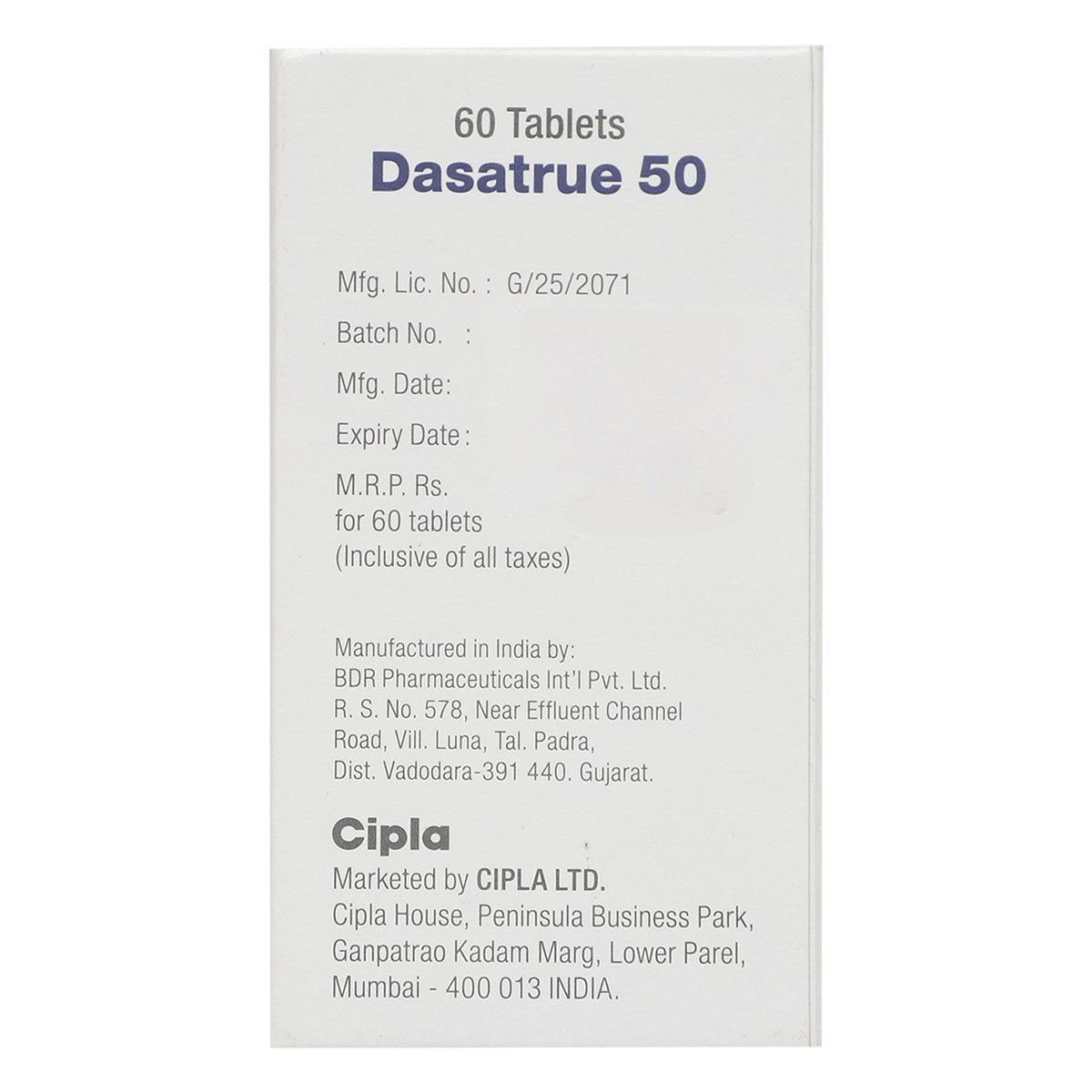 Dasatrue 50mg Tablet 60's, Pack of 1 TABLET Dasatrue 50mg Tablet 60's, Pack of 1 TABLET