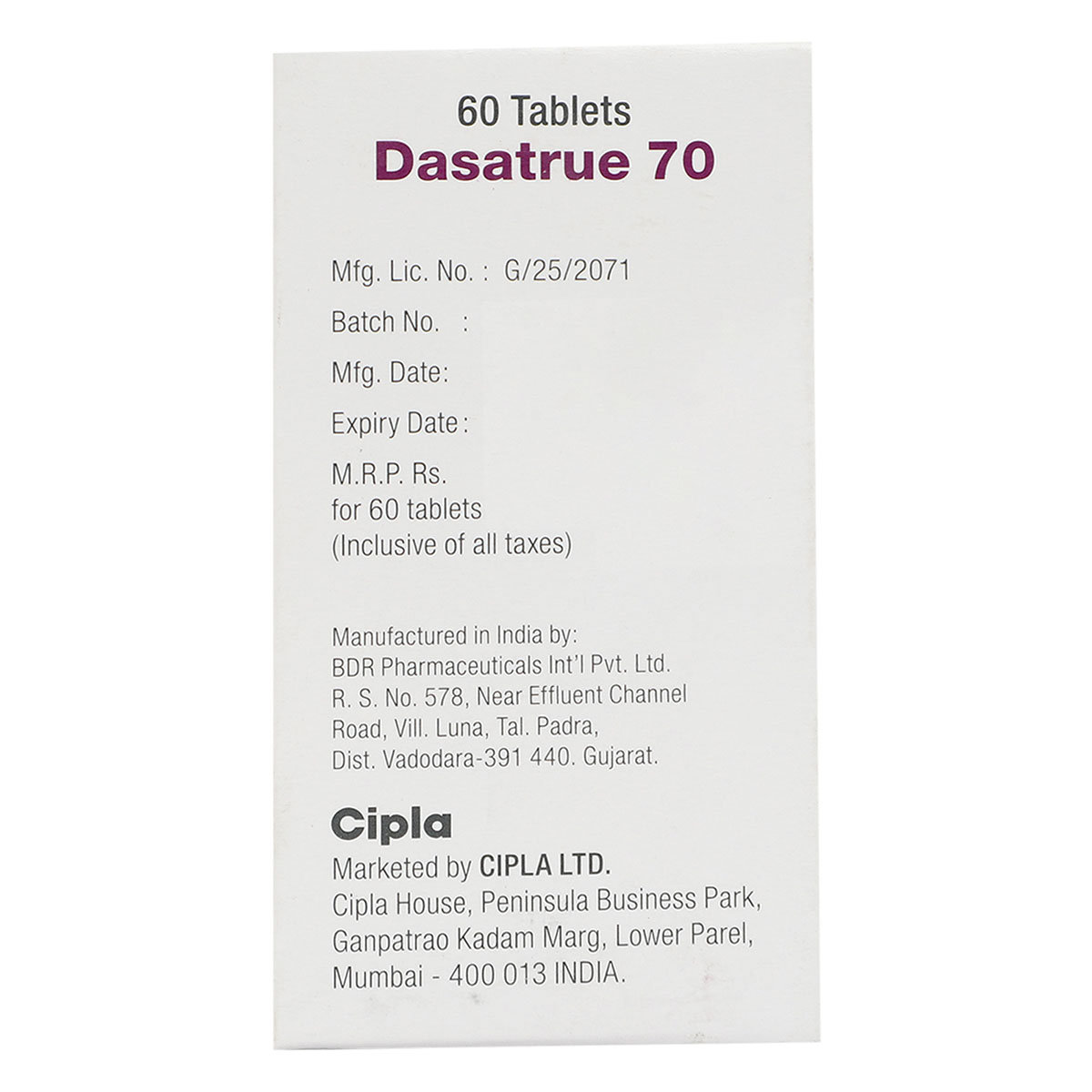 Dasatrue 70 Tablet 60's, Pack of 1 TABLET Dasatrue 70 Tablet 60's, Pack of 1 TABLET