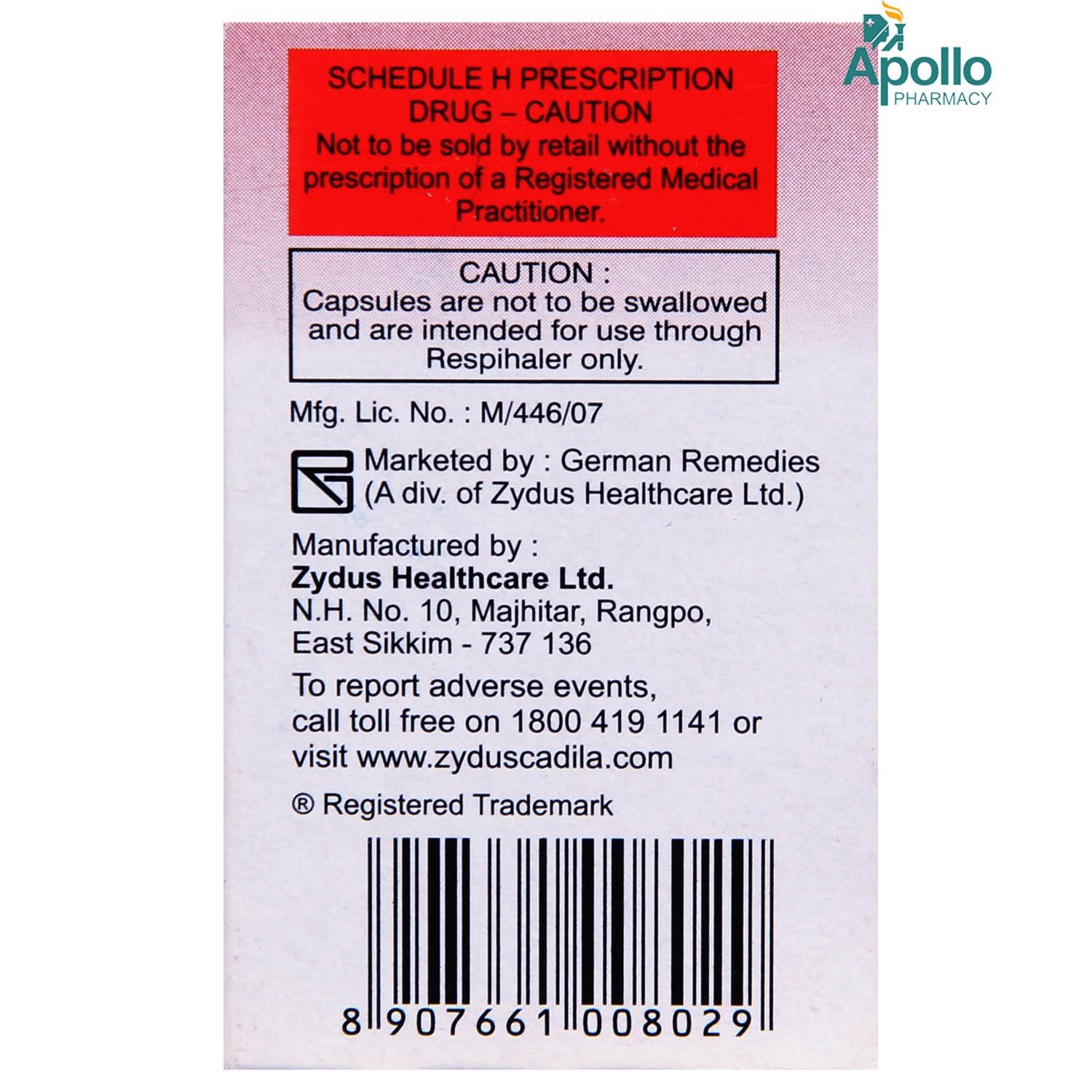 Derinide 400 mcg Respicaps 30's, Pack of 1 Respicaps Derinide 400 mcg Respicaps 30's, Pack of 1 Respicaps