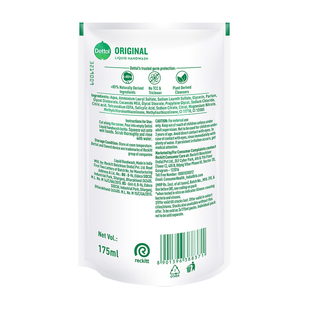 Dettol Original Liquid Handwash, 525 ml (3 x 175 ml) Refill Pack, Pack of 1 Dettol Original Liquid Handwash, 525 ml (3 x 175 ml) Refill Pack, Pack of 1