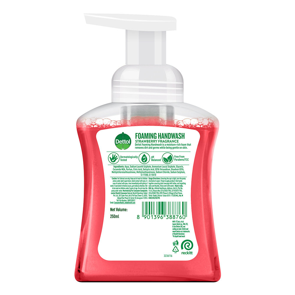 Dettol Strawberry Foaming Handwash Pump 250 ml | 10X Better Germ Protection | With Strawberry Fragrance | pH Balanced | IMA Recomended, Pack of 1 Dettol Strawberry Foaming Handwash Pump 250 ml | 10X Better Germ Protection | With Strawberry Fragrance | pH Balanced | IMA Recomended, Pack of 1