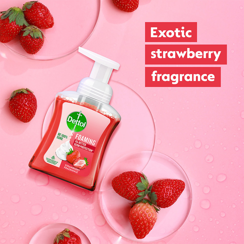 Dettol Strawberry Foaming Handwash Pump 250 ml | 10X Better Germ Protection | With Strawberry Fragrance | pH Balanced | IMA Recomended, Pack of 1 Dettol Strawberry Foaming Handwash Pump 250 ml | 10X Better Germ Protection | With Strawberry Fragrance | pH Balanced | IMA Recomended, Pack of 1