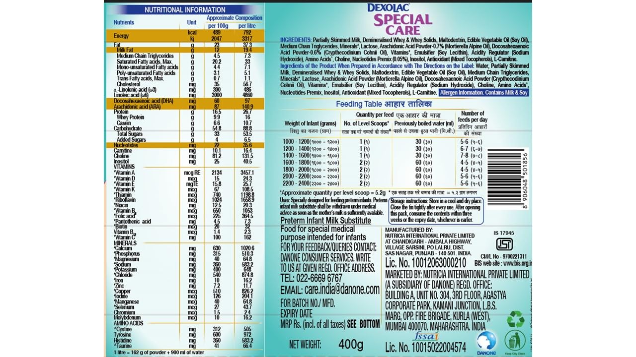 Dexolac Special Care Infant Formula Powder for Premature Baby (Born Before 37 Weeks), 400 gm Tin, Pack of 1 Dexolac Special Care Infant Formula Powder for Premature Baby (Born Before 37 Weeks), 400 gm Tin, Pack of 1