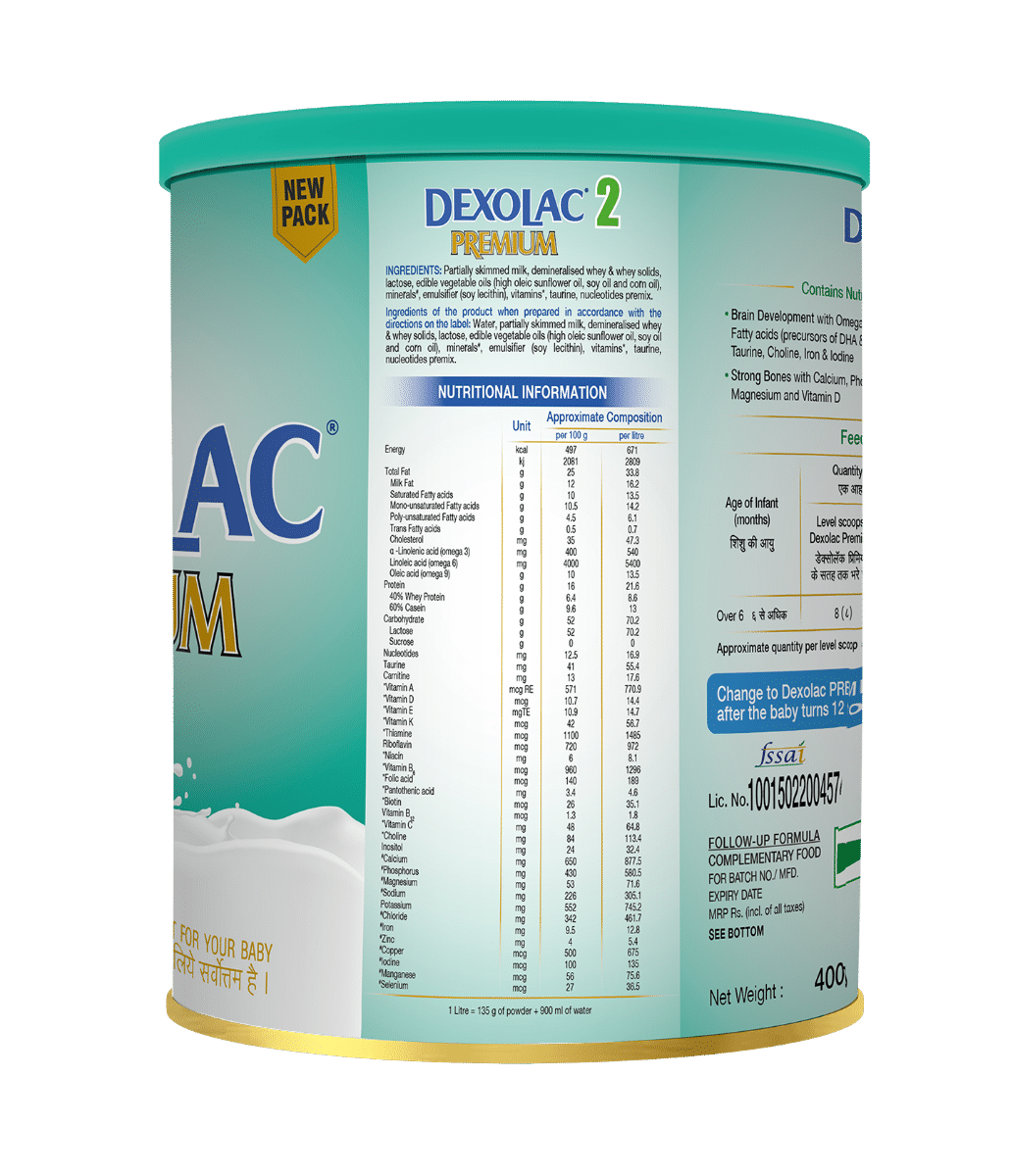 Dexolac Premium Infant Formula Stage 2 Powder for After 6 Months Kid, 400 gm, Pack of 1 