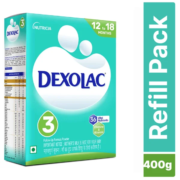 Dexolac Follow-Up Formula Stage 3 Powder (12-18 Months), 400 gm Refill Pack, Pack of 1