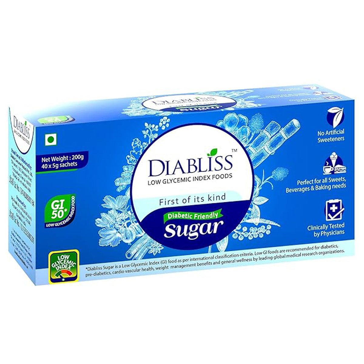 Diabliss Diabetic Friendly Cane Sugar, 200 gm (5gm x 40 Sachets), Pack of 1 Diabliss Diabetic Friendly Cane Sugar, 200 gm (5gm x 40 Sachets), Pack of 1