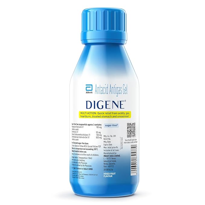 Digene Acidity & Gas Relief Gel Mixed Fruit Flavour, 200 ml, Pack of 1 Digene Acidity & Gas Relief Gel Mixed Fruit Flavour, 200 ml, Pack of 1
