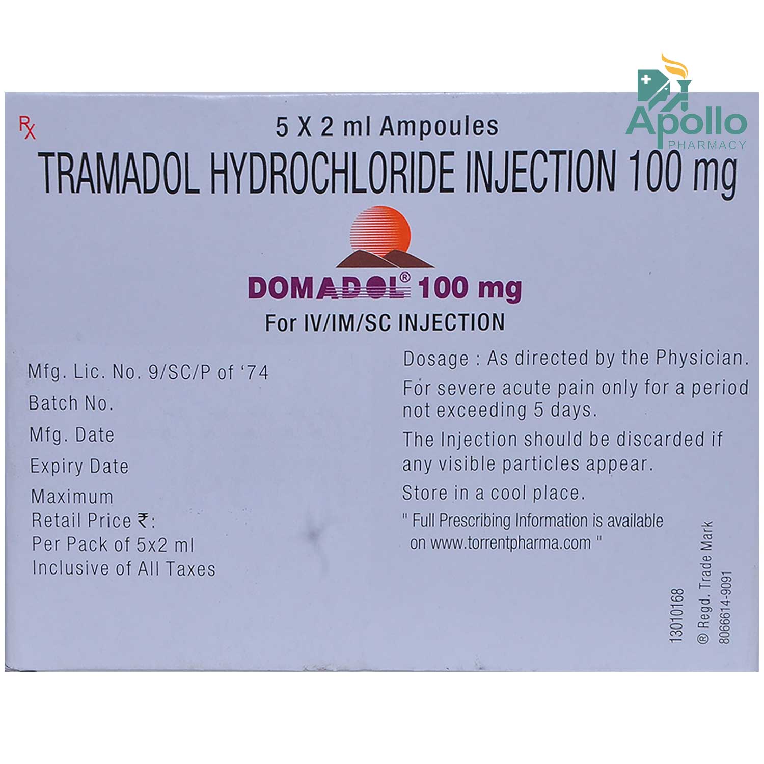 Domadol 100 mg Injection 2 ml, Pack of 1 INJECTION Domadol 100 mg Injection 2 ml, Pack of 1 INJECTION