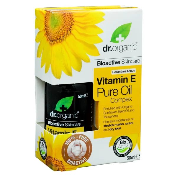 Dr. Organic Vitamin E Pure Oil 50 ml | Organic Sunflower Seed Oil &amp; Tocopherol | Provides Moisturisation On Rough, Dry Skin, Stretch Marks, Uneven Skin, Wrinkles | For Normal To Dry Skin, Pack of 1