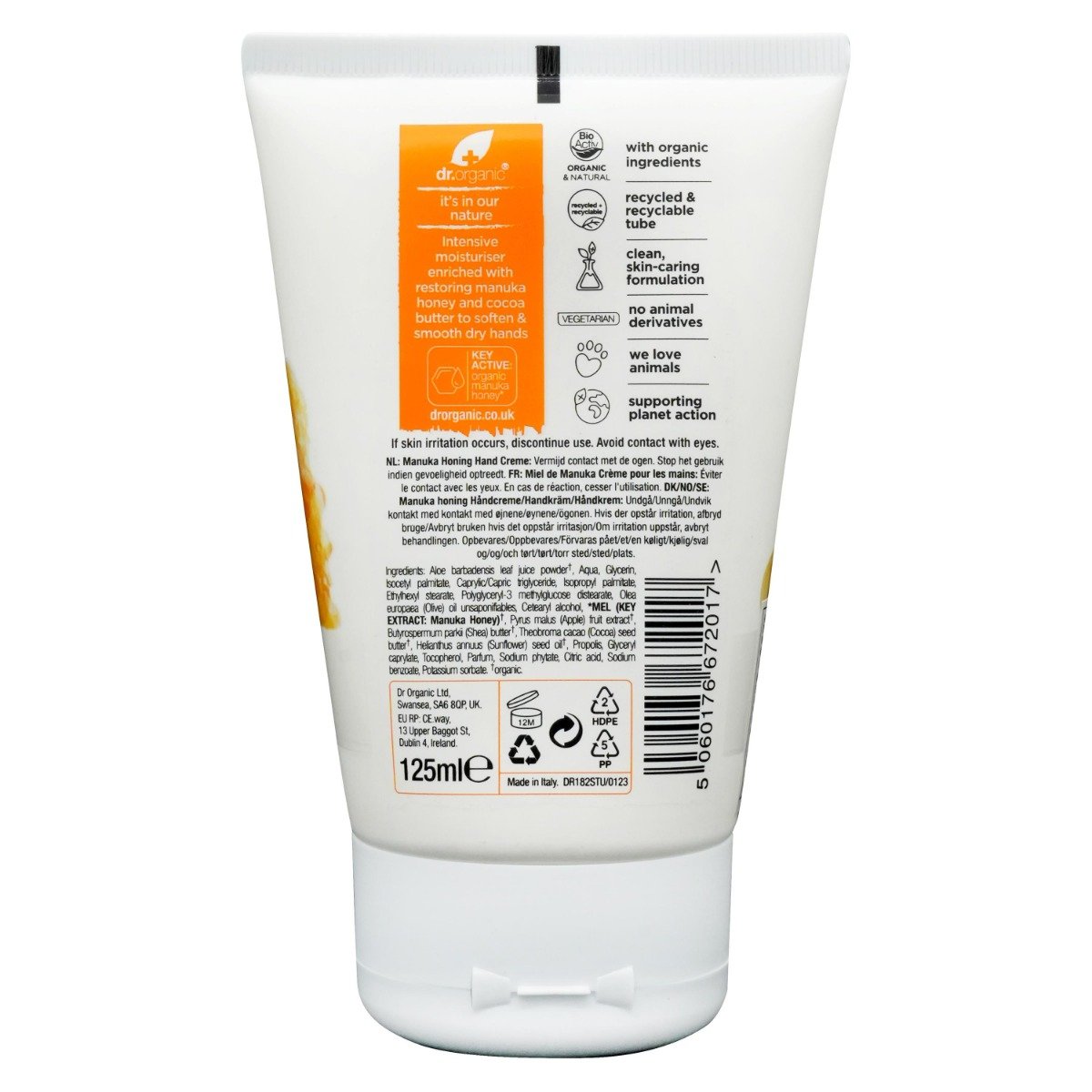 Dr. Organic Manuka Honey Hand Cream 125 ml | With Manuka Honey & Cocoa Butter | Moisturising, Restoring & Nourishing | For Dry Skin, Pack of 1 Dr. Organic Manuka Honey Hand Cream 125 ml | With Manuka Honey & Cocoa Butter | Moisturising, Restoring & Nourishing | For Dry Skin, Pack of 1